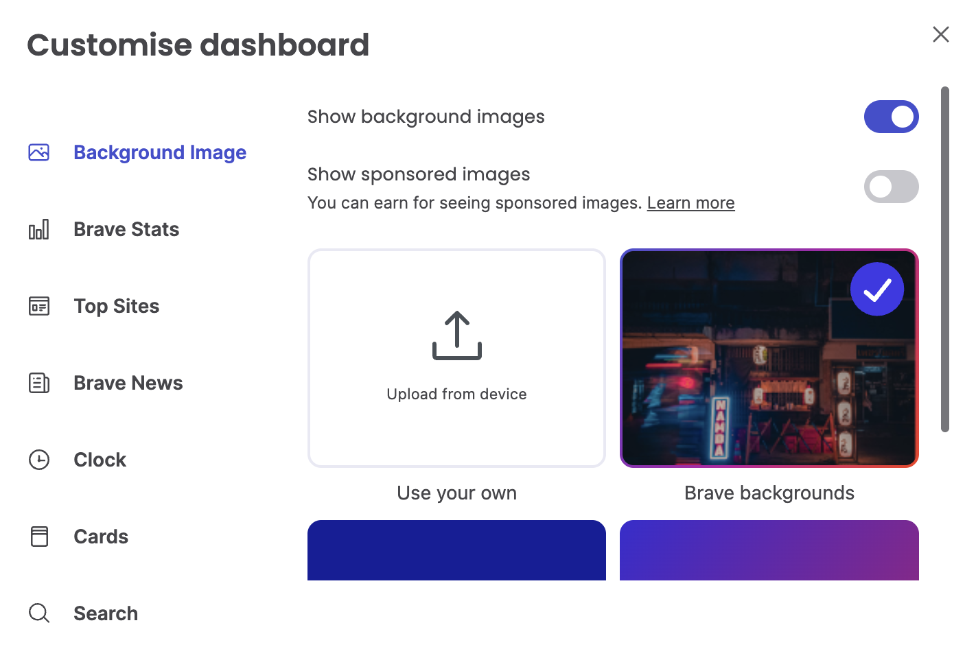 Sponsored backgrounds settings – which I always turn off