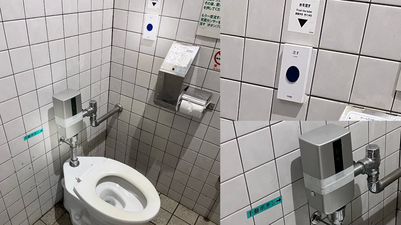 Wall-mounted flush button and a tiny backup button on the flush mechanism